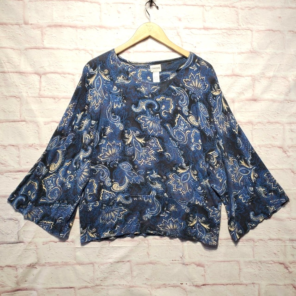 Chicos Shirt Womens Large Blue Paisley Kimono Sleeve‎ Boho Stretch Rayon Top